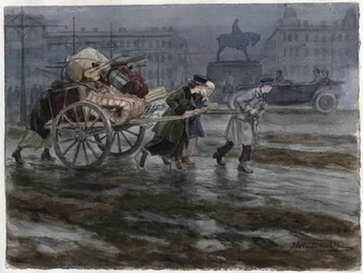 Famille demenageant ses affaires dans une charrette a bras - Família movendo seus pertences em carrinho (da série de aquarelas revolução russa) - Vladimirov, Ivan Alexeyevich (1869-1947) - 1917-1918 - Aquarela sobre papel - 25,9x34,3 - Coleção Privada