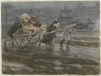 Família movendo seus pertences no carrinho da série de aquarelas Revolução Russa, 1917-1918