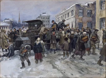 Trabalhadores famintos em Petrogrado roubando pão de um caminhão militar por Vladimirov, Ivan Alexeyevich (1869-1947). Aguarela, Guache sobre Papel