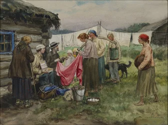 Anos de fome em Petrogrado. Trocando mercadorias por provisões em uma vila perto de uma estação ferroviária por Vladimirov, Ivan Alexeyevich (1869-1947). Aguarela, Guache sobre Papel
