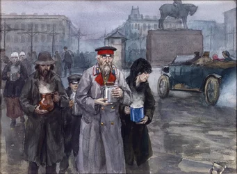 Anos de fome em Petrogrado. Regresso de uma sopa comunitária de Vladimirov, Ivan Alexeyevich (1869-1947). Aguarela, Gouache sobre papel
