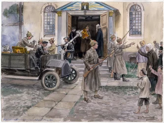 Requisição dos tesouros da igreja em Petrogrado em 5 de maio de 1922, da série de aguarelas Revolução Russa, por Ivan Alexeyevich Vladimirov (1869-1947), 1922