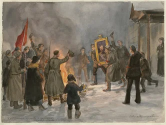 Soldados que queimam quadros (da série de aguarelas da revolução russa) - Oeuvre de Ivan Alexeyevich Vladimirov (1869-1947) - 1917 - Aguarela sobre papel - 25,7x34,5 - Colecção Privada