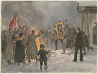 Soldados a queimar pinturas da série de aguarelas Revolução Russa, 1917