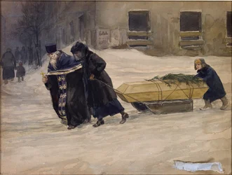 O funeral do pai por Vladimirov, Ivan Alexeyevich (1869-1947). Aguarela, Gouache sobre papel