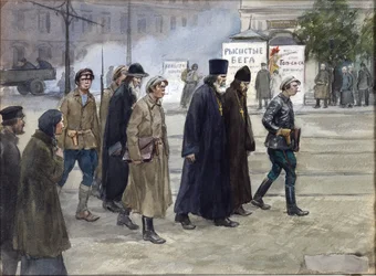 Os sacerdotes foram levados a julgamento por Vladimirov, Ivan Alexeyevich (1869-1947). Aguarela, Gouache sobre papel