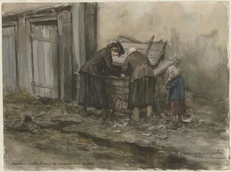 Duas mulheres e uma criança procurando na lixeira da série de aquarelas Revolução Russa