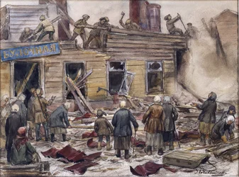 Trabalhadores que demoliram casas de madeira para combustível por Vladimirov, Ivan Alexeyevich (1869-1947). Aguarela, Gouache sobre papel