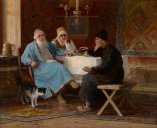 ""Conversa"" Três figuras em uma mesa - Pintura de Ivan Andreyevich Pelevin (1840-1917) 1909 Dim 15x20 cm Coleção particular