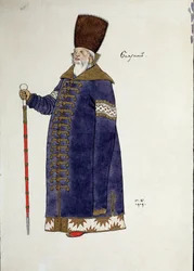 Desenho de figurino para a ópera O Galo de Ouro de Nikolai Rimsky-Korsakov (1844-1908), desenho de Ivan Yakovlevich Bilibin (1876-1942)
