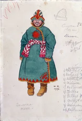 Desenho de figurino para a ópera ""Os Contos do Czar Saltan"" de Nicholas (Nikolai) Rimsky Korsakov (Rimsky-Korsakov) (1844-1908) (Design de figurino para a ópera O Conto do Czar Saltan de N. Rimsky-Korsakov (Rimsky) Korsakov). Desenho de Ivan Yakolevich B