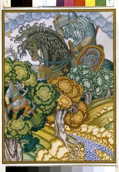 Ilia de Murom empoleirada numa árvore observa o regresso do gigante carregando uma arca de cristal. Ilustração para "Ilia Muromets e Sviatogor". Trabalho de Ivan Yakovlevich Bilibin (Bilibin) (1876-1942), aguarela e guache sobre papel