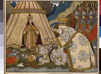 Ilustração para o conto „O Galo de Ouro“ de Aleksandr Púchkin (1799-1837). Ilustração de Ivan Yakovlevich Bilibin (Bilibine) (1876-1942).