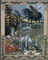 Ilustração para o conto de fadas Marya Morevna. O príncipe Ivan descobre o exército derrotado por Maria Morevna, a rainha guerreira. Trabalho de Ivan Yakovlevich Bilibin (Bilibin) (1876-1942), aguarela e tinta sobre papel