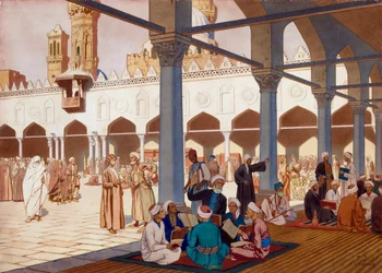 O Pátio da Mesquita e Universidade de Al Azhar, Cairo, Egipto - Trabalho de Ivan Yakovlevich Bilibin (Bilibin) (1876-1942), aguarela e guache em cartão