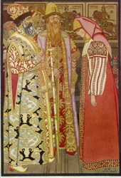 A esposa do arqueiro antes do czar e sua comitiva, ilustração do conto russo ""Vá não sei para onde, traga de volta não sei o quê"" (A esposa do arqueiro antes do czar e sua comitiva) - Pintura de Ivan Yakolevich Bilibina (Bilibina) (1876-1942)