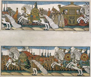 O exército do czar Dadon. Ilustração para o conto O Galo de Ouro de Aleksandr Púchkin (1799-1837). Obra de Ivan Yakovlevich Bilibin (Bilibine) (1876-1942)