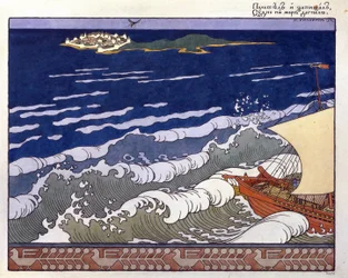 O barco segue para uma ilha, guiado pelo vôo de uma abelha. Ilustração para o ""Conto do Czar Saltan"" de Alexander Pushkin (1799-1937). Obra de Ivan Yakovlevich Bilibin (Bilibin) (1876-1942), aquarela e guache sobre papel