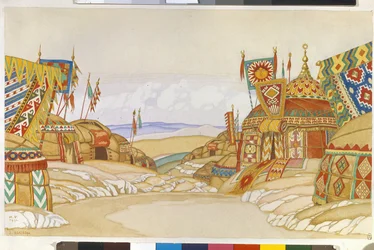 O campo militar polovtsiano (ou Couman, Kouman). Decoração para a ópera "Príncipe Igor" de Alexander Borodin (Borodin) (1833-1887). Trabalho de Ivan Yakovlevich Bilibin (Bilibin) (1876-1942), aguarela sobre papel