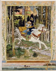 O príncipe Ivan (Ivan Tsarevich). Herói das lendas do folclore russo, cavalgando um cavalo branco na floresta, fugindo de um castelo e apertando Vasilisa, a Muito Bela, nos braços. Ilustração de Ivan Yakovlevich Bilibin (Bilibin) (1876-1942), aguarela