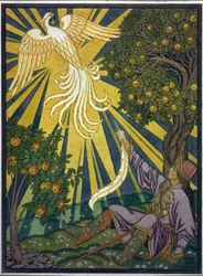 O príncipe pega uma pena do pássaro de fogo. Ilustração para o conto ""Ivan Tsarevich, o Pássaro de Fogo e o Lobo Cinzento"". Obra de Ivan Yakovlevich Bilibin (Bilibin) (1876-1942), aquarela e guache sobre papel. Arte russa, século 20, simbolismo.