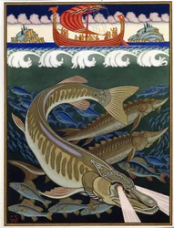 O Império do Mar. Tradicional conto russo. Trabalho de Ivan Yakovlevich Bilibin (Bilibin) (1876-1942), aguarela e guache sobre papel
