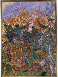 A Expulsão de Batu Khan (ca. 1205-1255). Batu, chefe tártaro mongol da Horda de Ouro nas estepes russas. Trabalho de Ivan Yakovlevich Bilibin (Bilibin) (1876-1942), aguarela e guache sobre papel