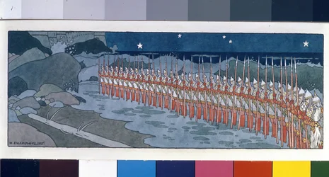 Trinta e três Bogatyrs. Ilustração para o "Conto do Czar Saltan" de Alexander Pushkin (1799-1937). Trabalho de Ivan Yakovlevich Bilibin (Bilibin) (1876-1942), aguarela e tinta sobre papel