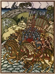 Volga Sviatoslavich (Vseslav de Polotsk (vers 1039-1101), grão-príncipe de Kiev de 1068 a 1069) e Mikula Selyaninovich (?). Oeuvre de Ivan Yakovlevich Bilibin (Bilibine) (1876-1942), litografia