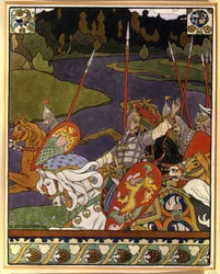 Volga Svyatoslavich e seu exército. (Volga Svyatoslavich e seu exército). Ilustração para épicos míticos inspirados no folclore do norte da Rússia. Obra de Ivan Yakovlevich Bilibin (Bilibin) (1876-1942), litografia
