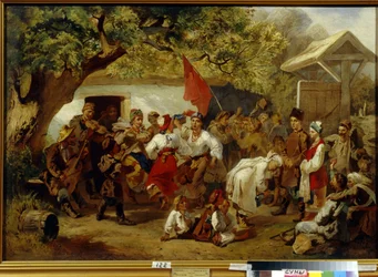 A refeição do casamento. (A Festa do Casamento). Pintura de Ivan Ivanovich Sokolov (1823-1918), óleo sobre tela
