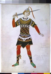 Desenho de trajes para um guerreiro do ballet 
