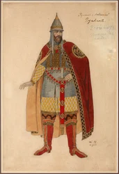 Desenho de trajes para a ópera Ruslan e Lyudmila de M. Glinka par Bilibin, Ivan Yakovlevich (1876-1942). Aquarela em papelão