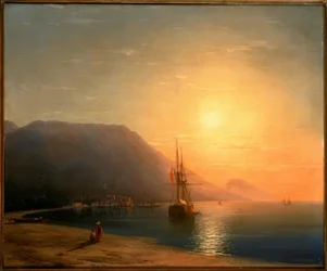 Pôr do sol na frente de Ajudag, na costa da Crimeia