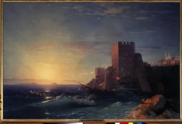 Tours sur les rochers pres du Bosphore (vue de la forteresse Rumeli Hisari a istanbul) (Torres sobre as rochas perto de Bosphorus). Peinture de Ivan Konstantinovich Aivazosky (Ayvaovsky
