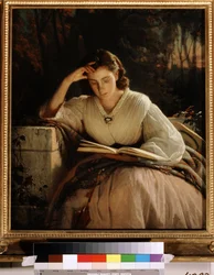Leitura. Retrato da mulher do artista absorvido na leitura de um livro. (Leitura. Retrato da mulher do artista). Pintura de Ivan Nikolayevich Kramskoi (1837-1887), óleo sobre tela