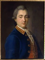 Retrato de Boris Vladimirovich Sheremetev (1754-1811) em uniforme do regimento da Guarda de Cavalaria. (Retrato de B.V. Sheremetev no uniforme do regimento de guarda de cavalaria). Pintura de Ivan Petrovich Argunov (Argounov) (1729-1802), óleo sobre tela