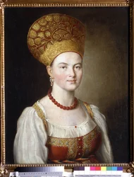 Retrato feminino em vestido russo. Pintura de Ivan Petrovich Argunov (Gargunov) (1729-1802). Óleo sobre tela, 67 x 53,6 cm