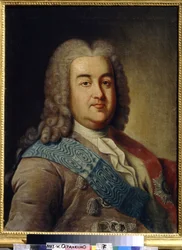Retrato do príncipe Alexis Mikhailovich Cherkassky (1680-1742) (Retrato do príncipe A.M. Cherkassky). Pintura de Ivan Petrovich Argunov (Argunov) (1729-1802), óleo sobre tela, meados do século XVIII. Arte russa do século XVIII. Museu Estadual de Cerâmica e
