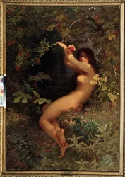 Eva com uma romã. Eva nua e sedutora, no Jardim do Éden, colhendo o fruto do conhecimento. Pintura de Ivan Petrovich Keler-Viliandi (1826-1899)