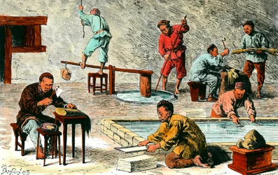 Fabricação de papel na China: diferentes etapas de produção de folhas de papel a partir da casca. Desenho de Ivan Pranishnikoff (1841-1909). Coleção particular do século XIX