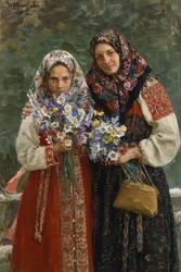 Flores silvestres. (PradoFlores). Uma mãe e sua filha, elegantes em seus vestidos folclóricos com um lenço colorido cobrindo os cabelos, seguram um buquê de flores silvestres nas mãos. Pintura de Ivan Semyonovich Kulikov (Koulikov) (1875)