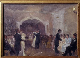 A Bola do Mercador. Casais dançam, moças vestidas de branco estão sentadas esperando um convite para dançar. Pintura de Ivan Semyonovich Kulikov (Koulikov) (1875-1941), óleo sobre tela