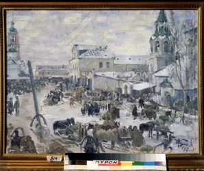 Uma Igreja em Murom (Rússia). (Uma Igreja em Murom). Descrição de uma rua da cidade, debaixo da neve, com animação diária, carruagens puxadas por cavalos. Pintura de Ivan Semyonovich Kulikov (Kulikov) (1875-1941), óleo sobre tela