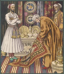 Príncipe Ali comprando um tapete. Ilustração para contos de fadas árabes