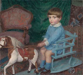 Criança com um brinquedo de cavalo, c. 1925