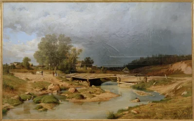 Paisagem com ponte de madeira