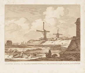Vista do lado de fora do Haarlemmerpoort em Amsterdã com um desenhista sentado Vista do lado de fora do Haarlemmer-Poort, no Hoogen Dijk, em direção ao Zandhoek (título no objeto)