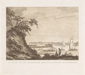 Ampla paisagem com duas figuras e veleiros Uma vista de den Rheenenschen Berg sobre o Betuwe de Gelderland (título no objeto)