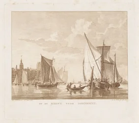 Veleiros e uma chalupa para Dordrecht No Merwe em frente a Dordrecht (título no objeto)